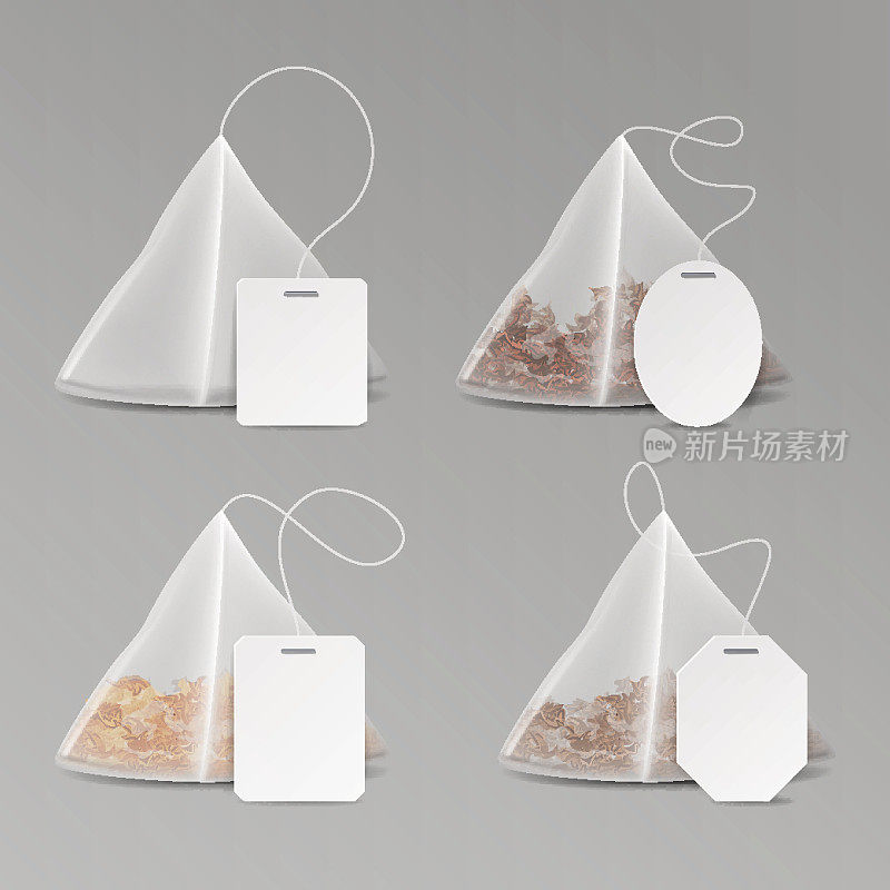 Pyramid Shape Tea Bag Set. Mock Up With Empty Square, Rectangle Labels. 3D Realistic Teabag Template. Vector Illustration